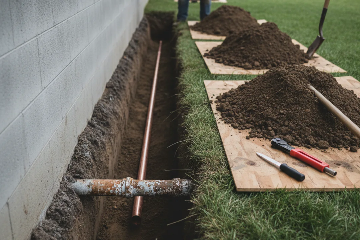 Excavated water line trench during Water Softener Installation in West Farmington